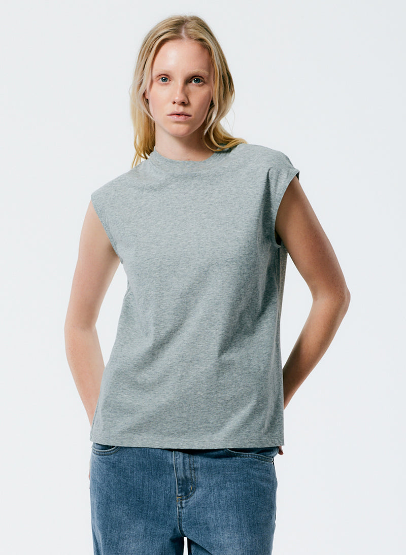티비 민소매티 Tibi Mock Neck Sleeveless T-Shirt,Heather Grey
