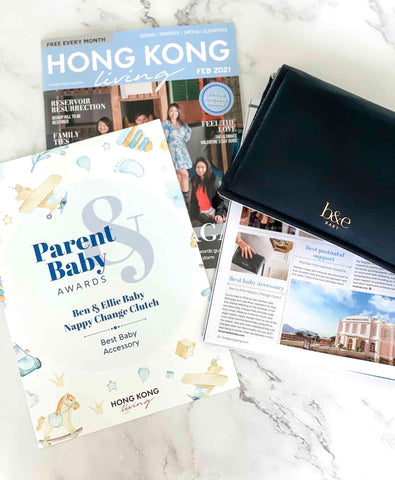 Flatlay of Hong Kong Living Best Baby Accessory Award Ben & Ellie Baby Nappy Change Clutch
