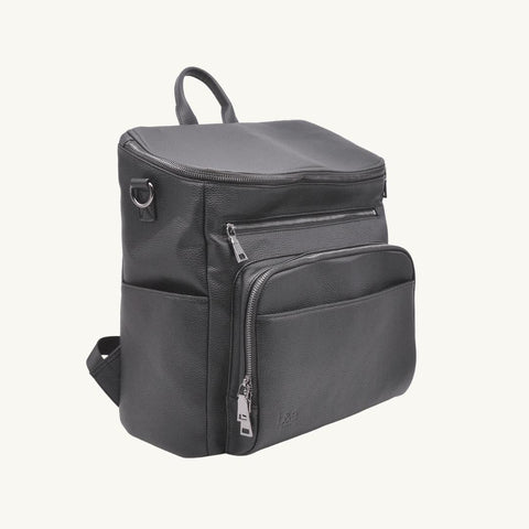 A beautifully designed and functional black & gunmetal unisex nappy bag backpack. Crafted from luxurious vegan leather and polished gunmetal hardware with  removeable and adjustable shoulder strap as well as adjustable and padded backpack straps. 