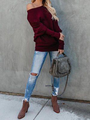Women Oblique Collar Knitting Long Sleeve Plain Sweaters