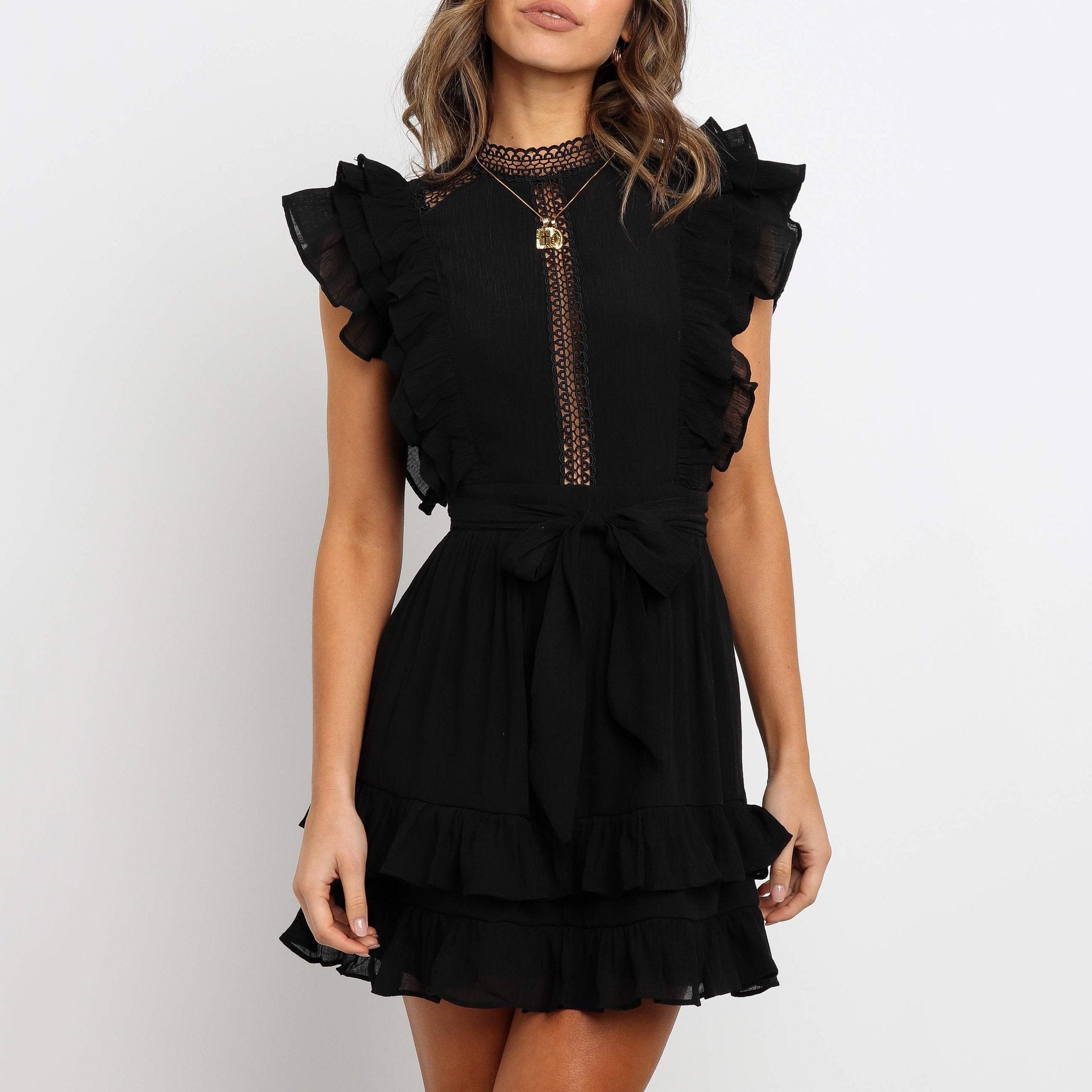 Women Fashion Solid Color Hollow Ruffle Sleeve Dress