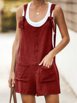 Solid Color Pocket With Cotton And Linen Strap Jumpsuits - nayachic