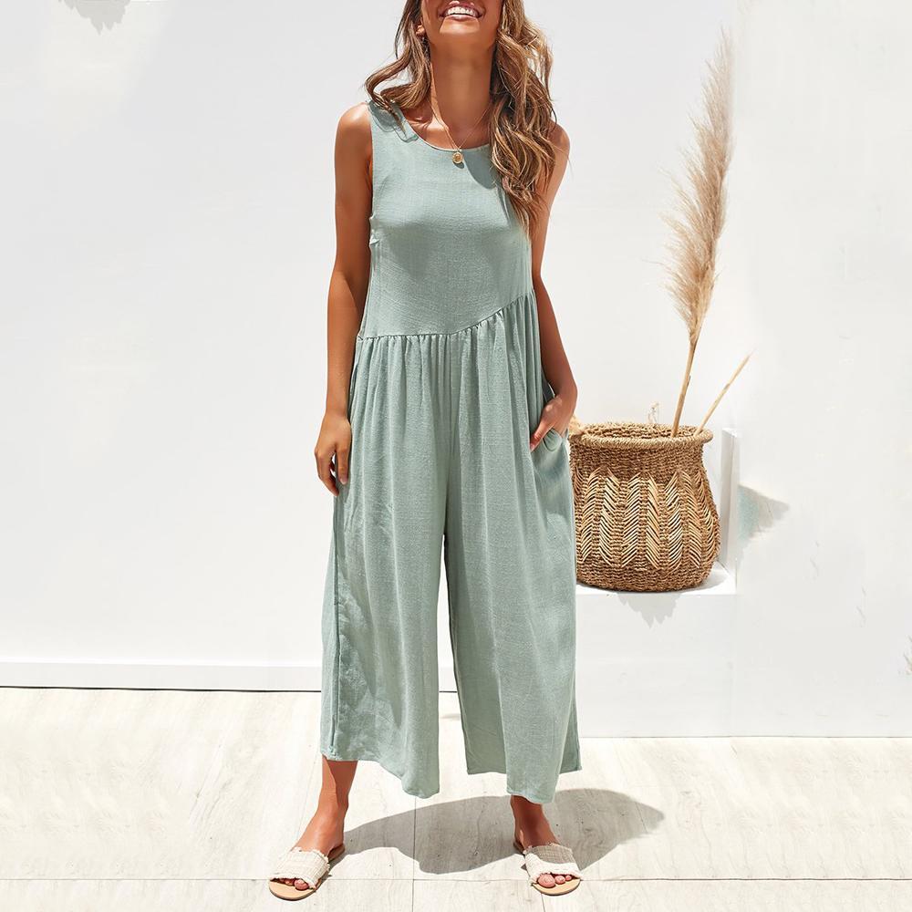 Casual Round Collar Plain Loose Sleeveless Jumpsuit – Nayachic