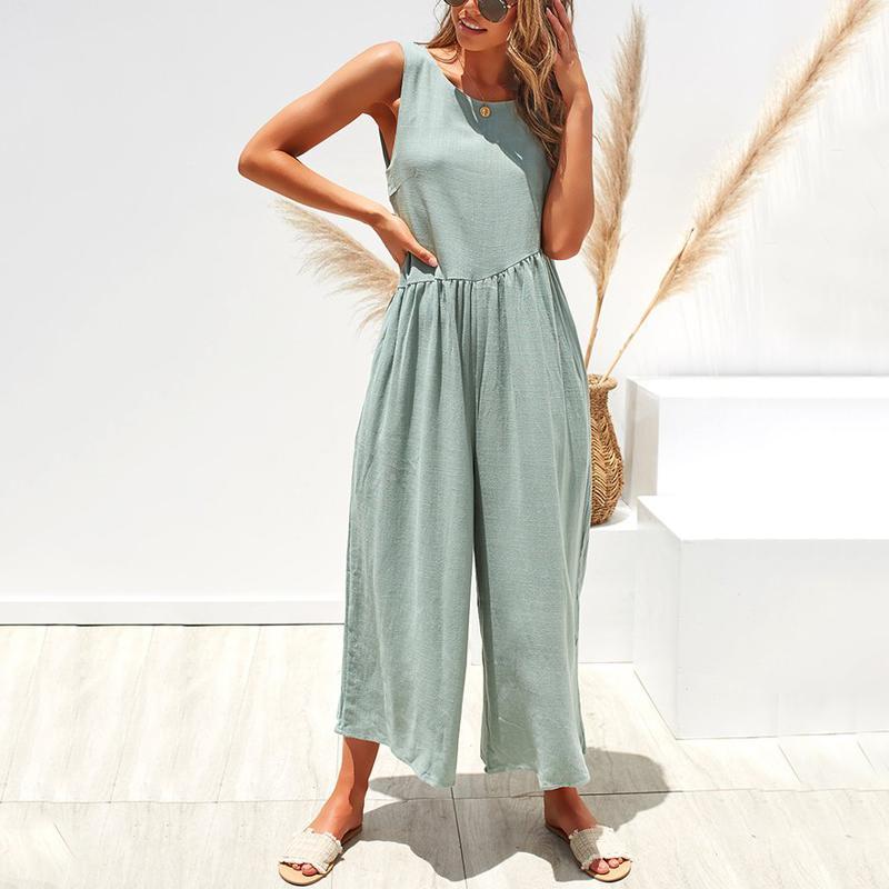 Casual Round Collar Plain Loose Sleeveless Jumpsuit – Nayachic