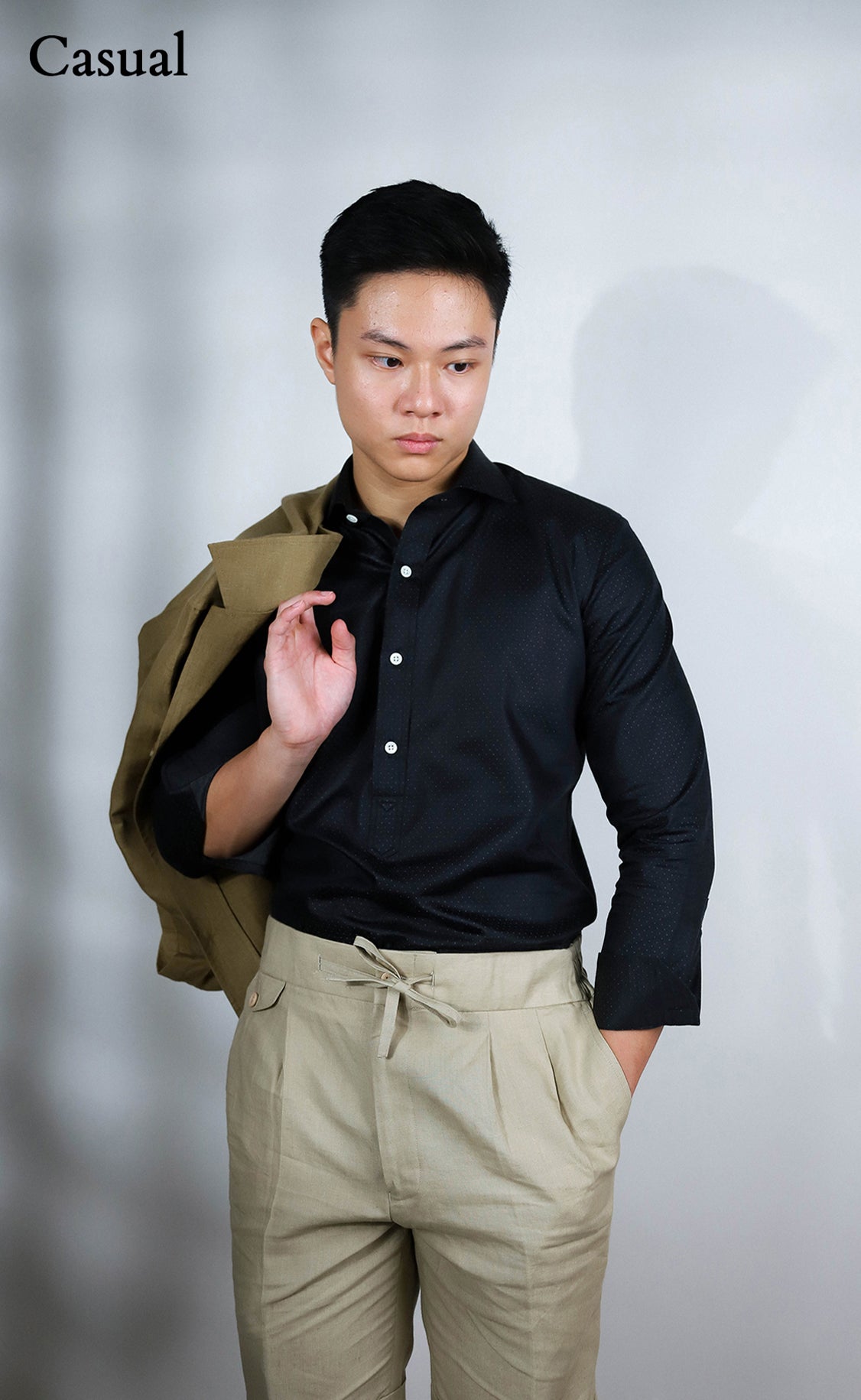 Tailored half placket charcoal shirt