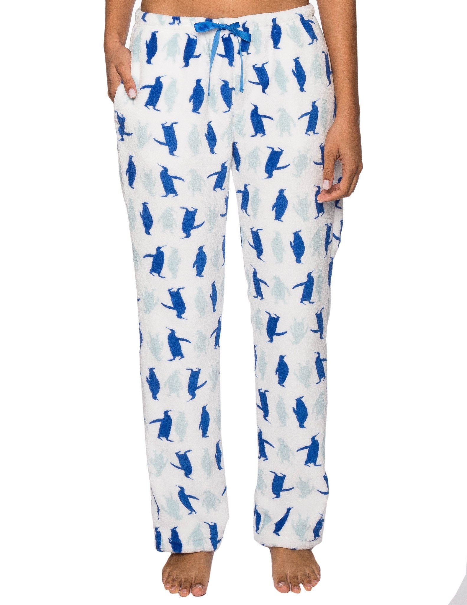 Women's Coral Fleece Plush Lounge Pants - Penguin Mania - White/Blue