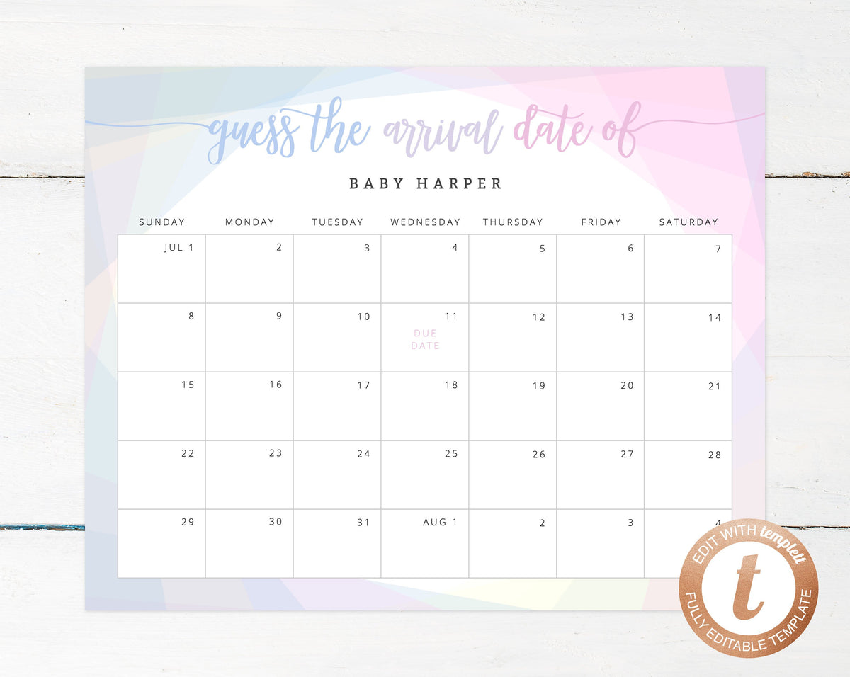 Due Date Calendar Template, Baby Shower Calendar, Baby Due Date Game