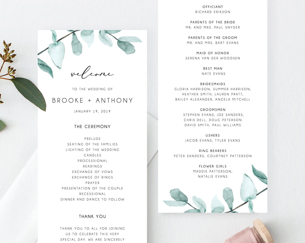 Greenery Wedding Program Template, Printable Wedding Program, Eucalypt | paperandthings