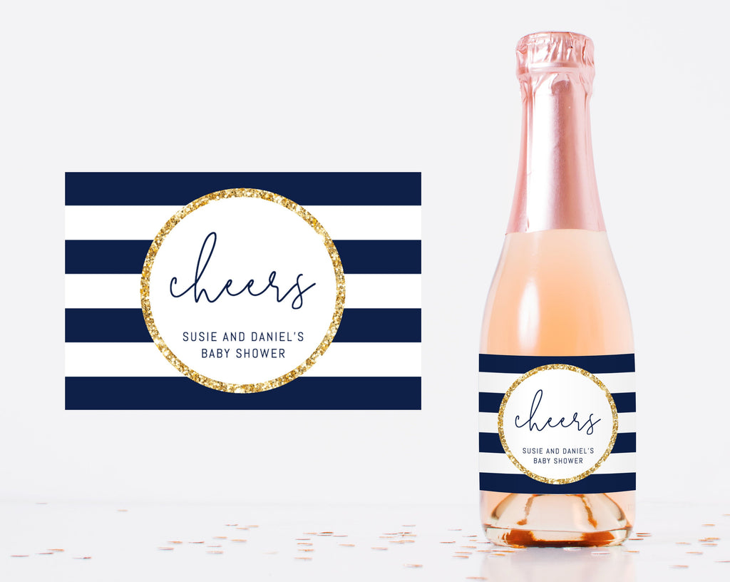 Mini Champagne Bottle Label Template, Navy Stripes Favor Mini Champagn
