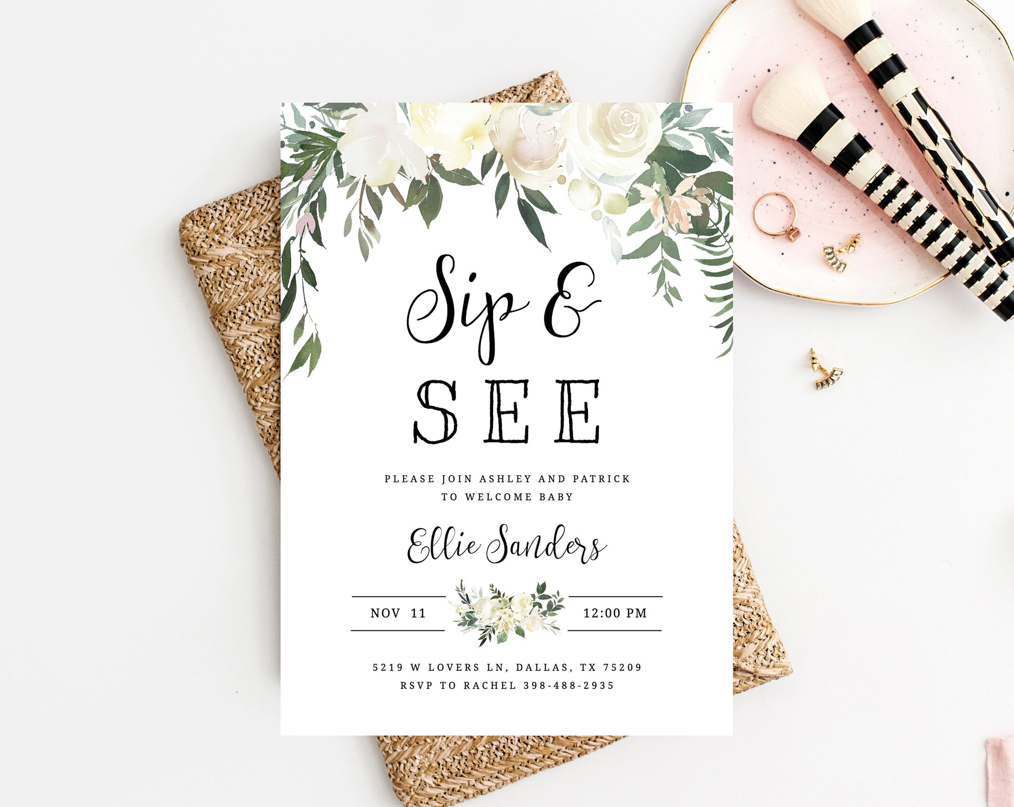 Editable Sip & See Invitation Template, Printable Floral Sip and See I