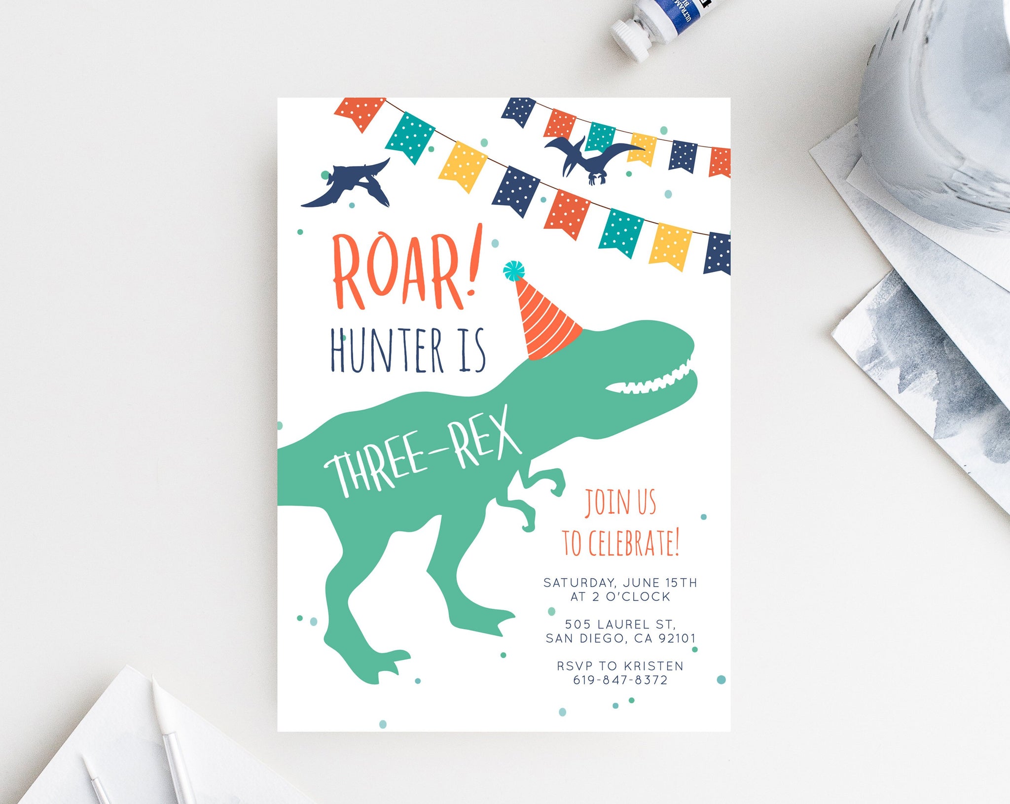 Dinosaur Birthday Invitation Template, Three-Rex Dinosaur Invite, Dino