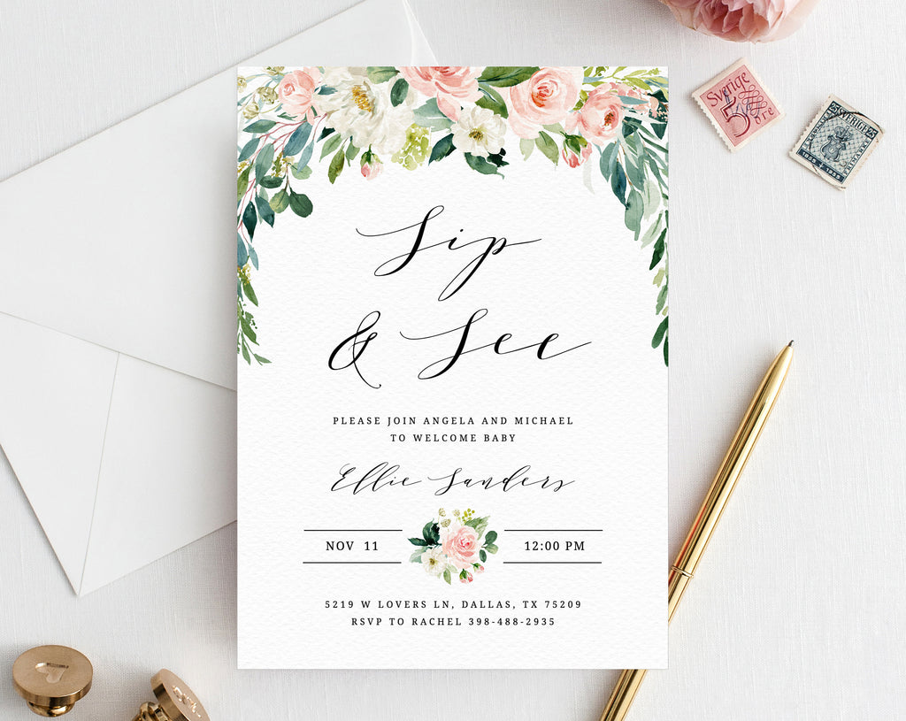 Editable Sip & See Invitation Template, Printable Floral Sip and See I ...