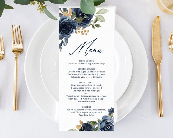 Navy Gold Wedding Menu Template Printable Floral Menu Editable