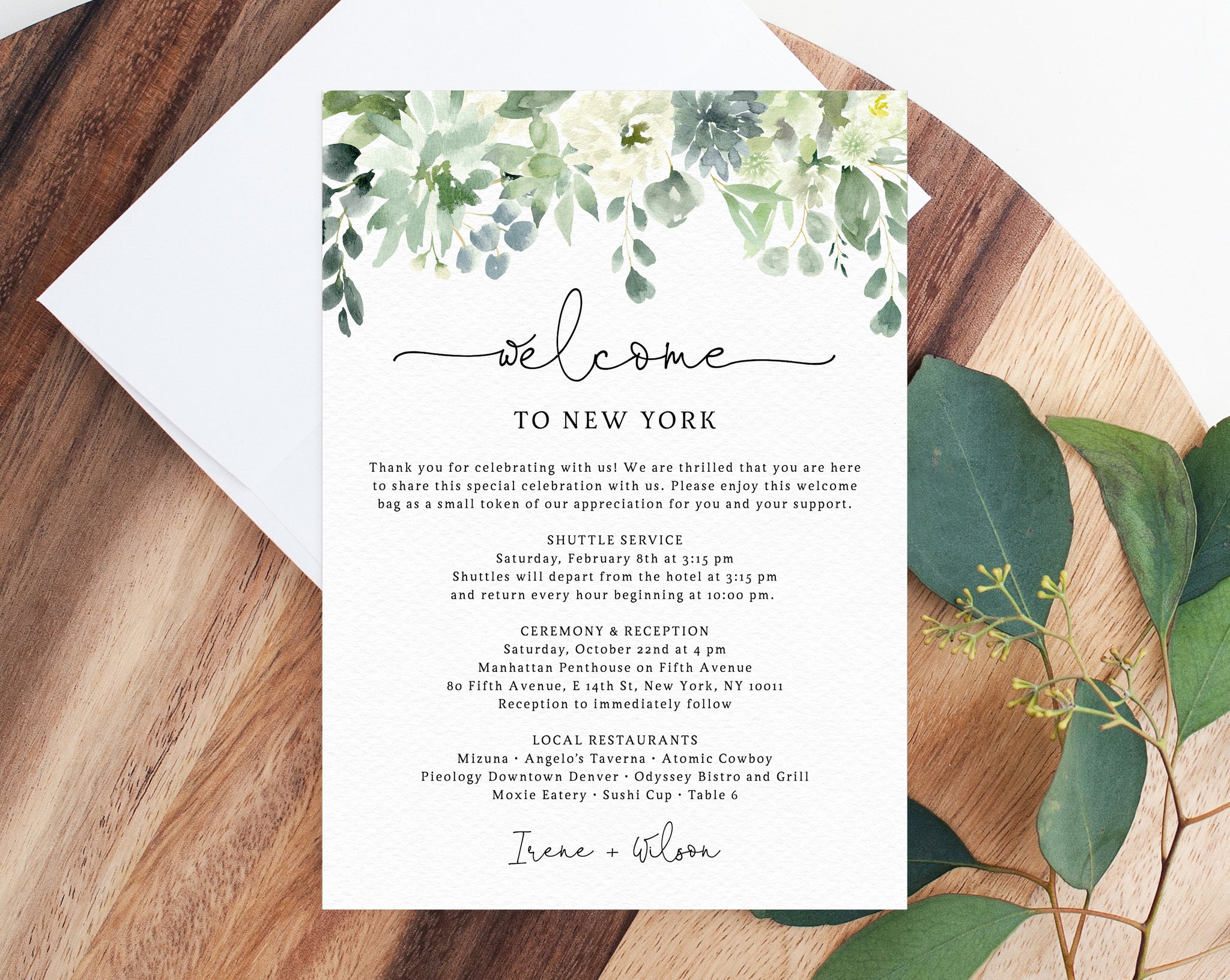 Letter Template, Wedding Itinerary Card, Greenery Bag