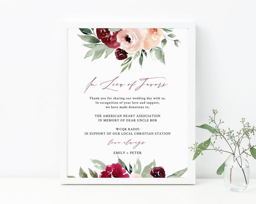 Burgundy & Blush In Lieu of Favors Sign Template, Burgundy Floral In L | paperandthings