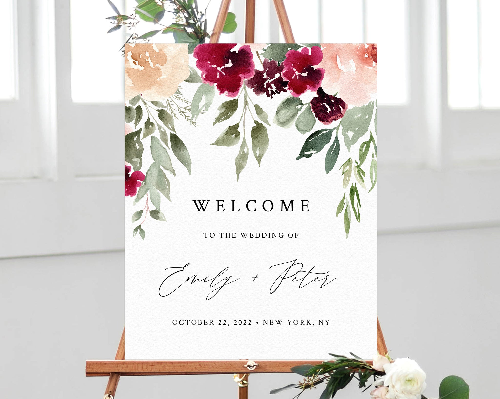 Burgundy Blush Floral Wedding Welcome Sign Template Welcome to the