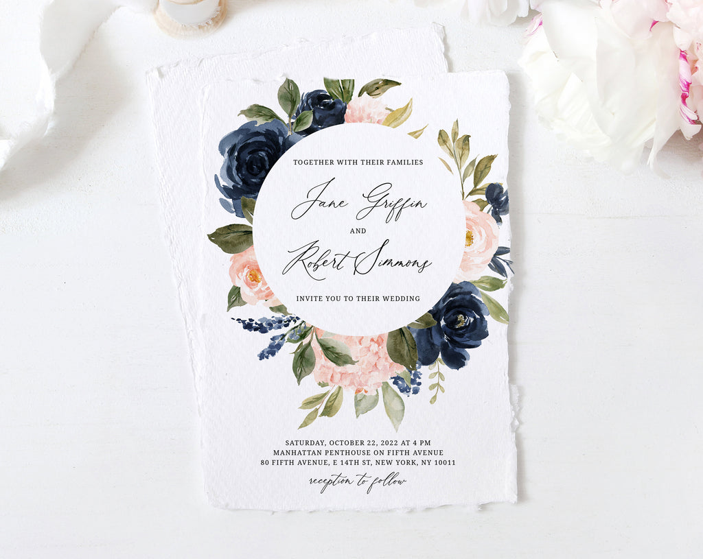 Navy & Blush Wedding Invitation Template, Printable