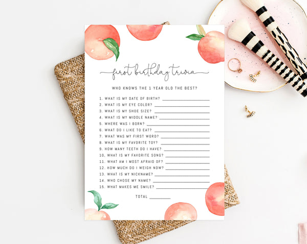 Peach 1st Birthday Trivia Game Template Printable Peach Themed Birthd Paperandthings