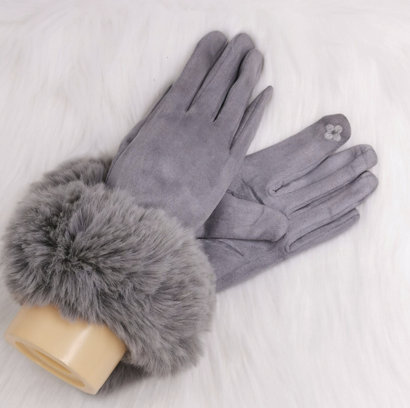 grey faux fur gloves