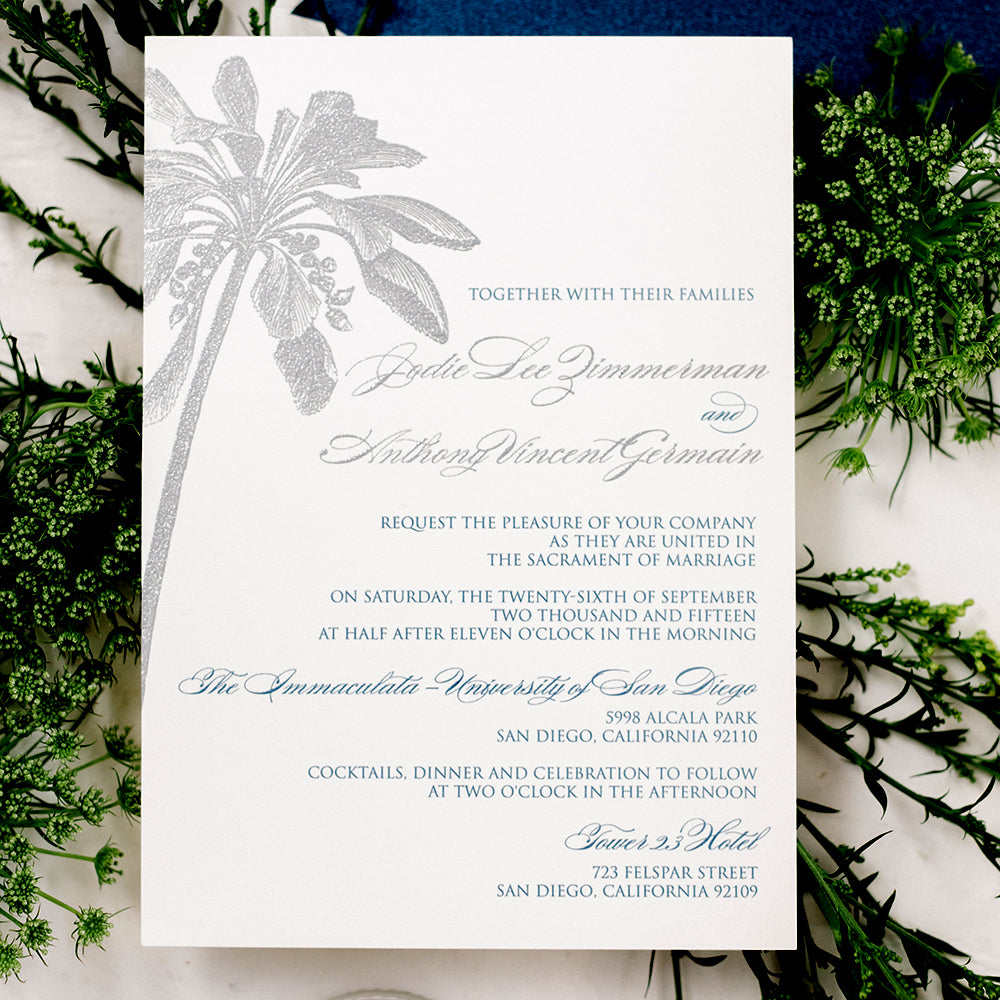 Destination Wedding Invitation Palm Tree Thermography Sample