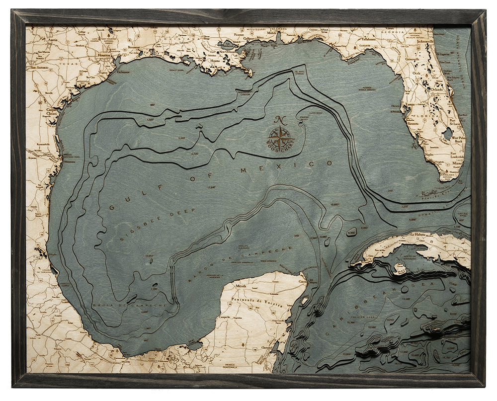 Gulf of Mexico Wood Carved Topographic Map - Lake Chart