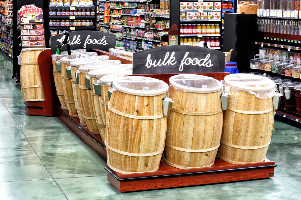 barrels with bulk food