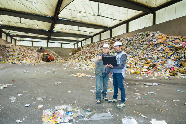 Two men standing in a recycling center