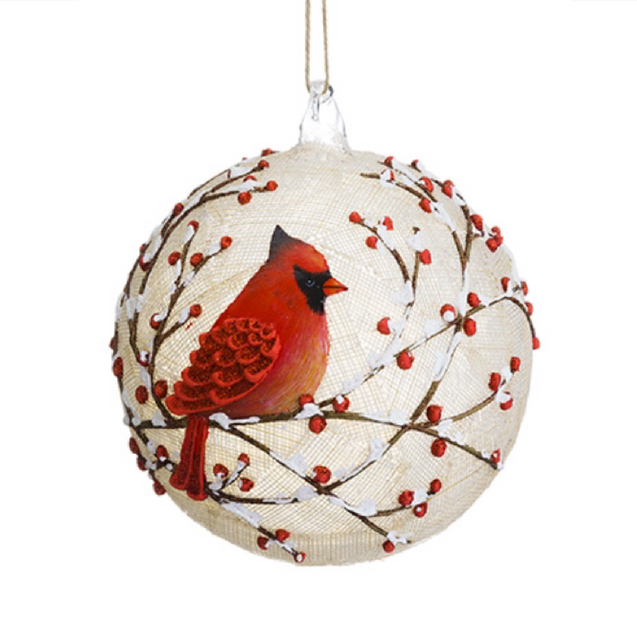 6" Glittered Cardinal Glass Ball Ornament (Beige, Red)