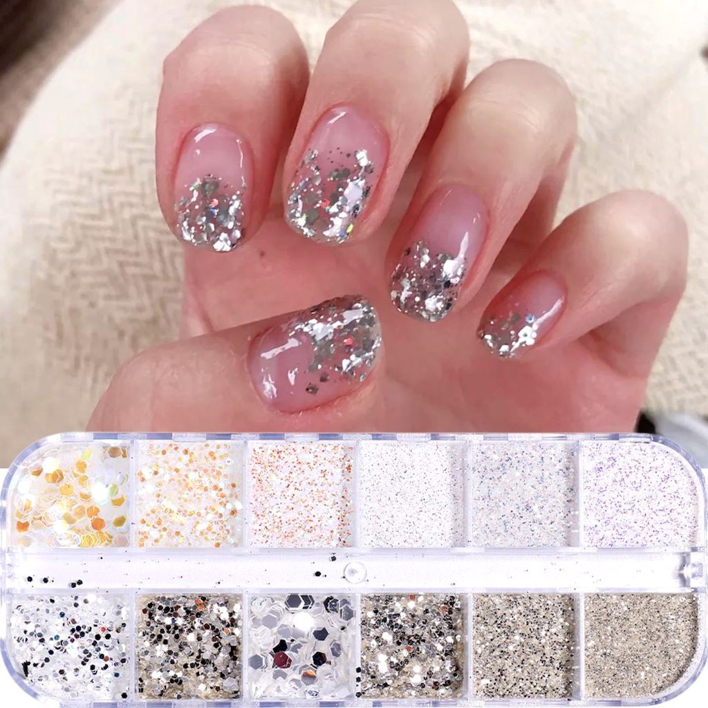 silver glitter nails