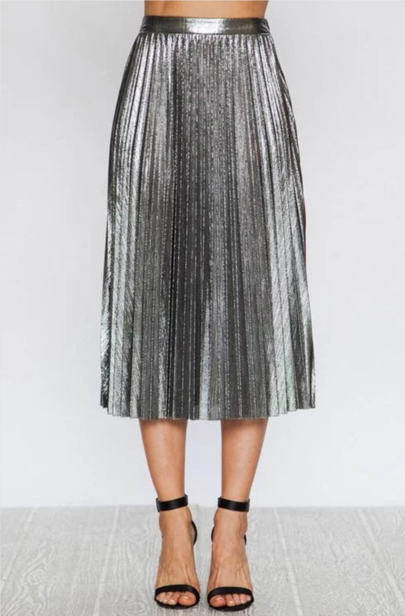 Esperanza Metallic Silver Pleated Midi Skirt | $55.00 | A' La' Posh ...