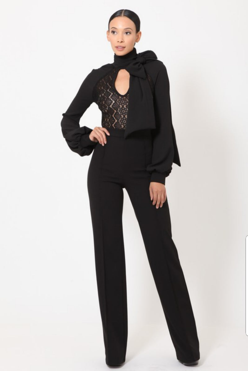 Dior Neck Ribbon Neck Tie Lace Top Long Sleeve Jumpsuit | $69.00 | A ...