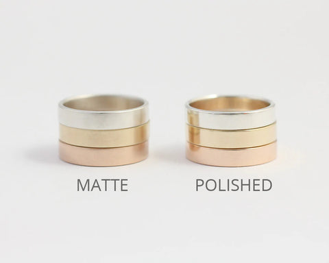 a photo that shows the difference between matte and polished finish wedding rings.