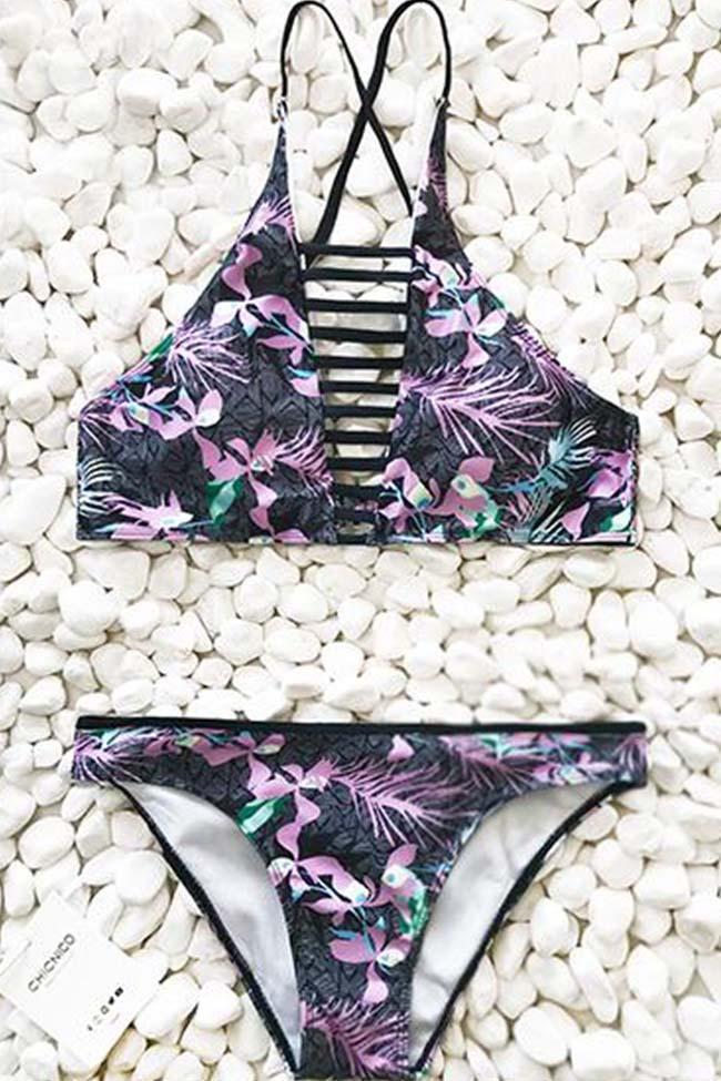 Plants Printed Hollow Out Tan Bikini Set – Pavacat