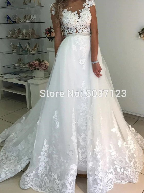 a line wedding dress with detachable train