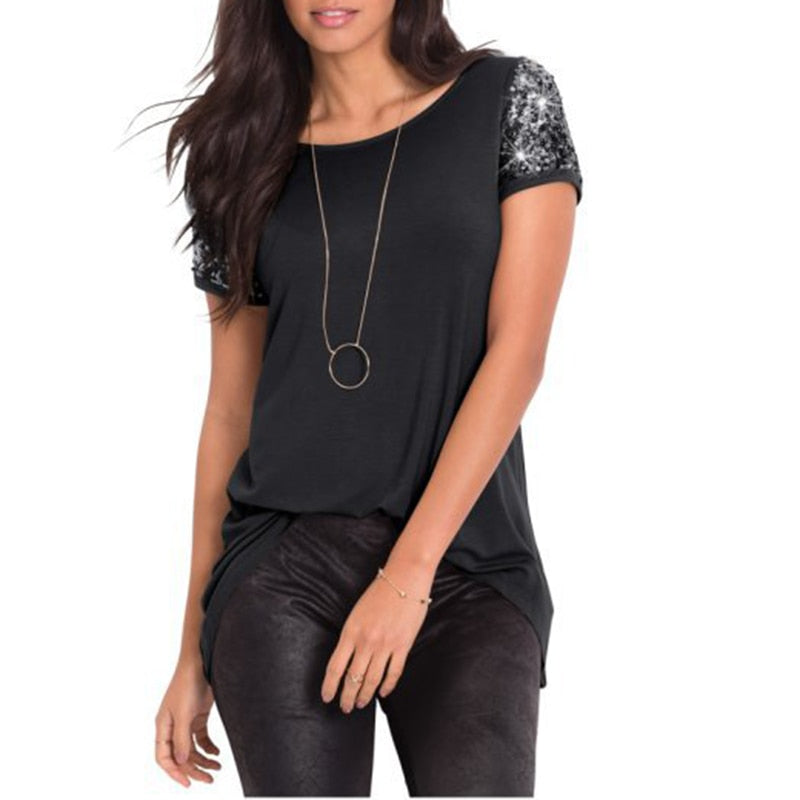 black shirt with sequin sleeves