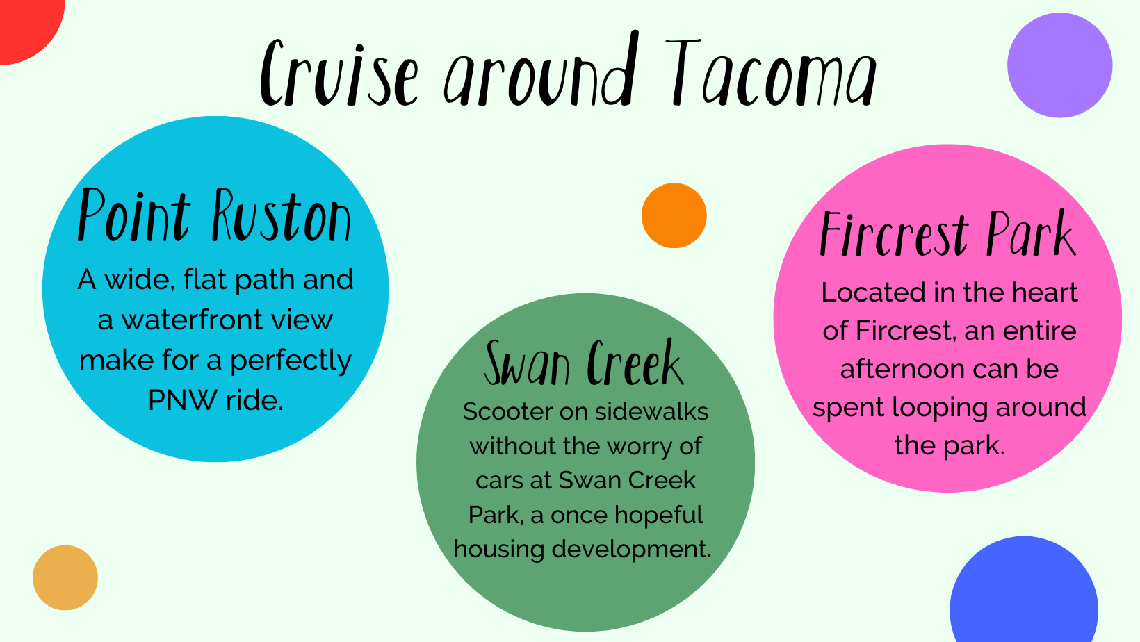 "Cruise around Tacoma." The list of parks is Point Ruston, Swan Creek Park, and Fircrest Park. 