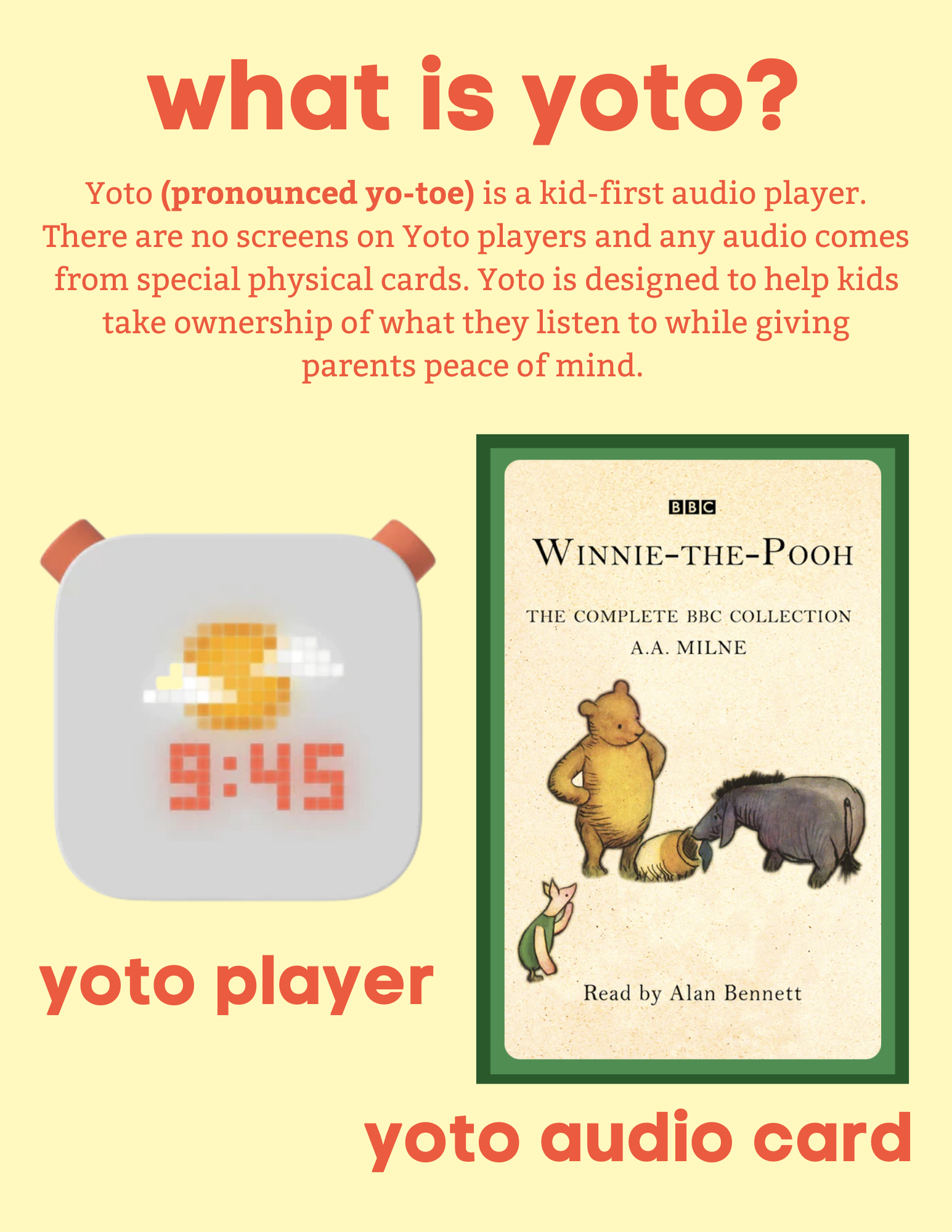 Headline reads, "What is Yoto?" A yoto is an screen-free audio player for kids that uses physical cards to play music, audio books, and more. 