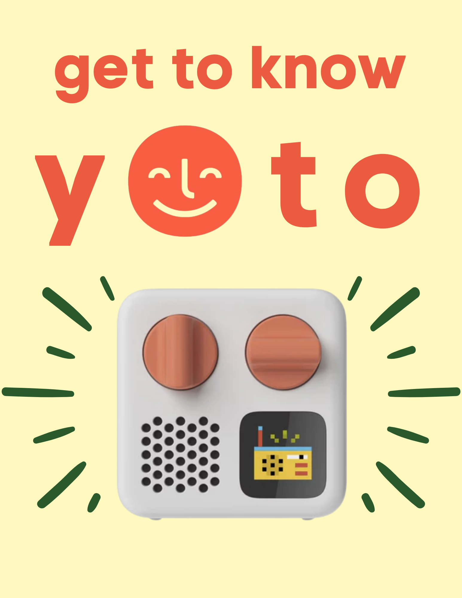 The headline reads, "Get to Know Yoto." A yoto player is at the bottom of the page. 