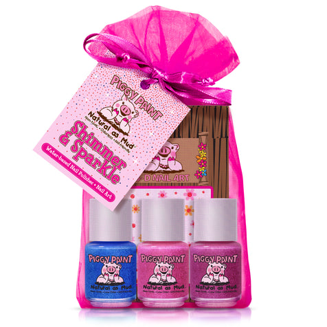 Shimmer & Sparkle gift set. Three nail polish bottled (blue, pink, and purple) and a sheet of flower nail art stickers. 