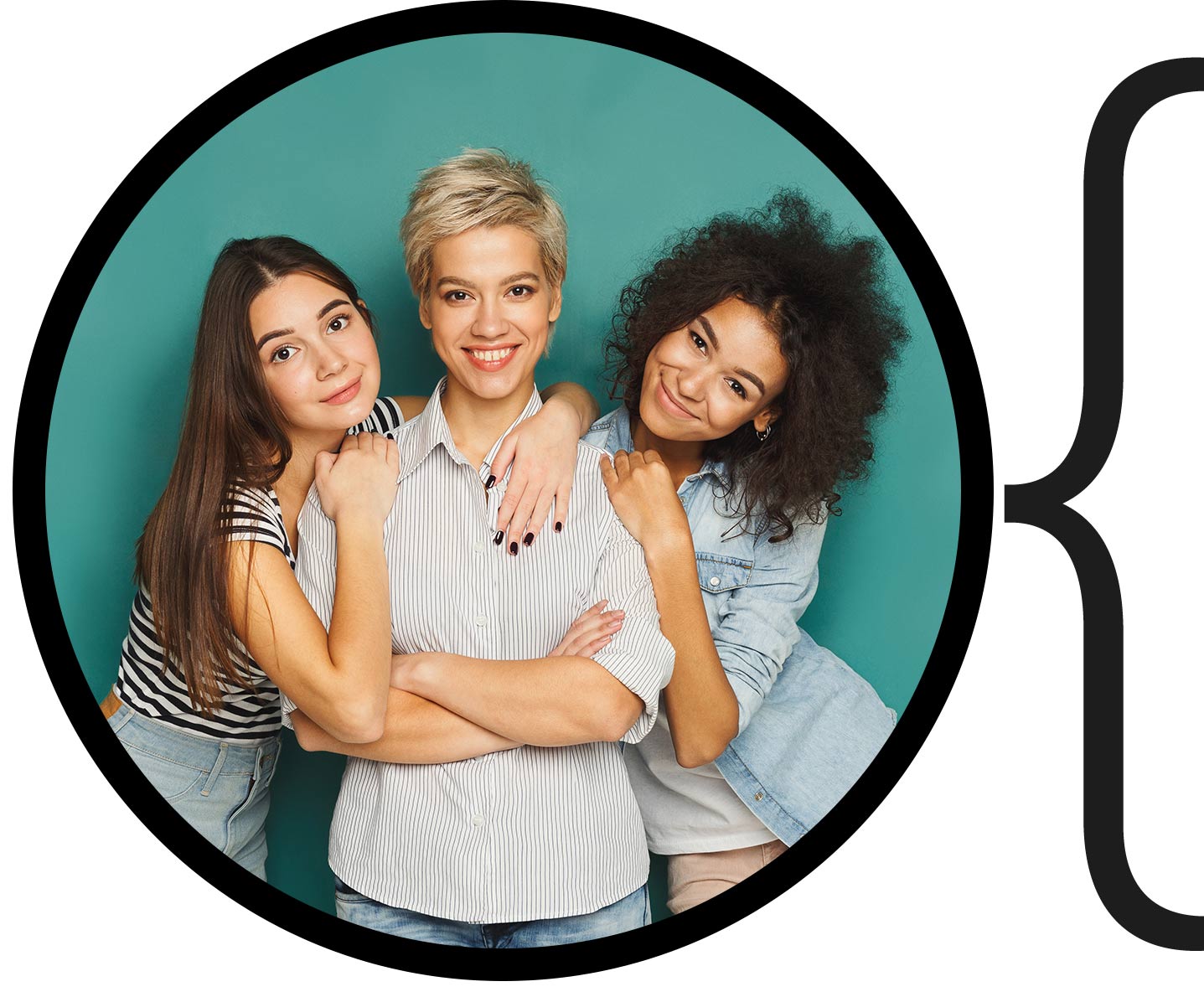 Image of three young women posing together in front of a blue background smiling