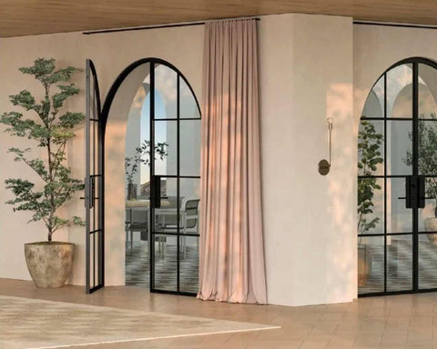 PINKYS Iron Doors with Glass Patio Doors with an Arch