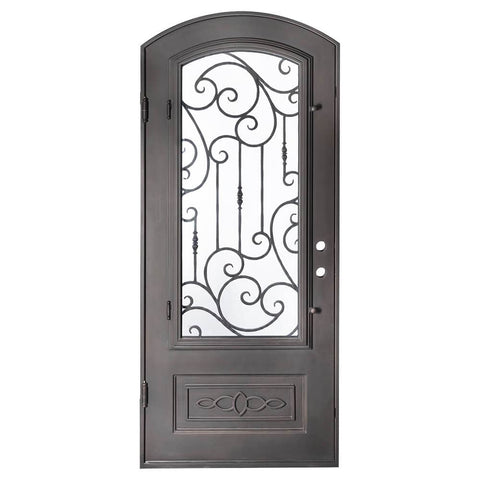 Single entryway door with a thick iron frame, a slight arch and a panel of glass behind an intricate iron design. Door is thermally broken to protect from extreme weather.