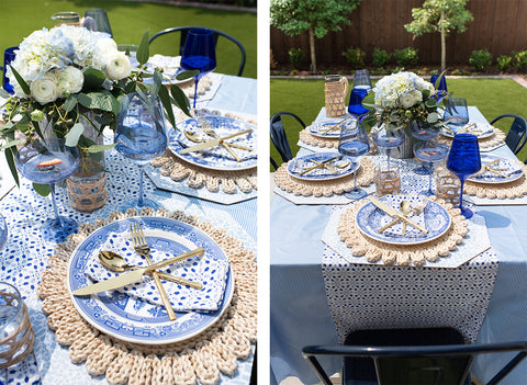 Photo of tablescape with Estelle Colored Glass x HONEY + HANK Napkins on blue and white spode plate