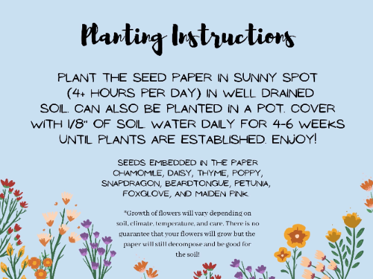 Planting Instructions for flower seed paper greeting cards by Helen Jeanne Handmade.