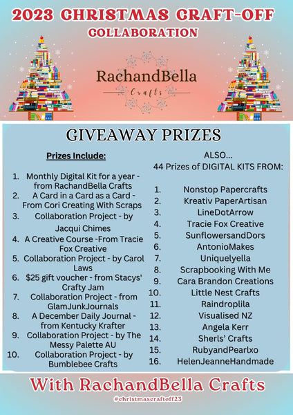 prize list for #christmascraftoff23 YouTube collaboration with rach and bella crafts