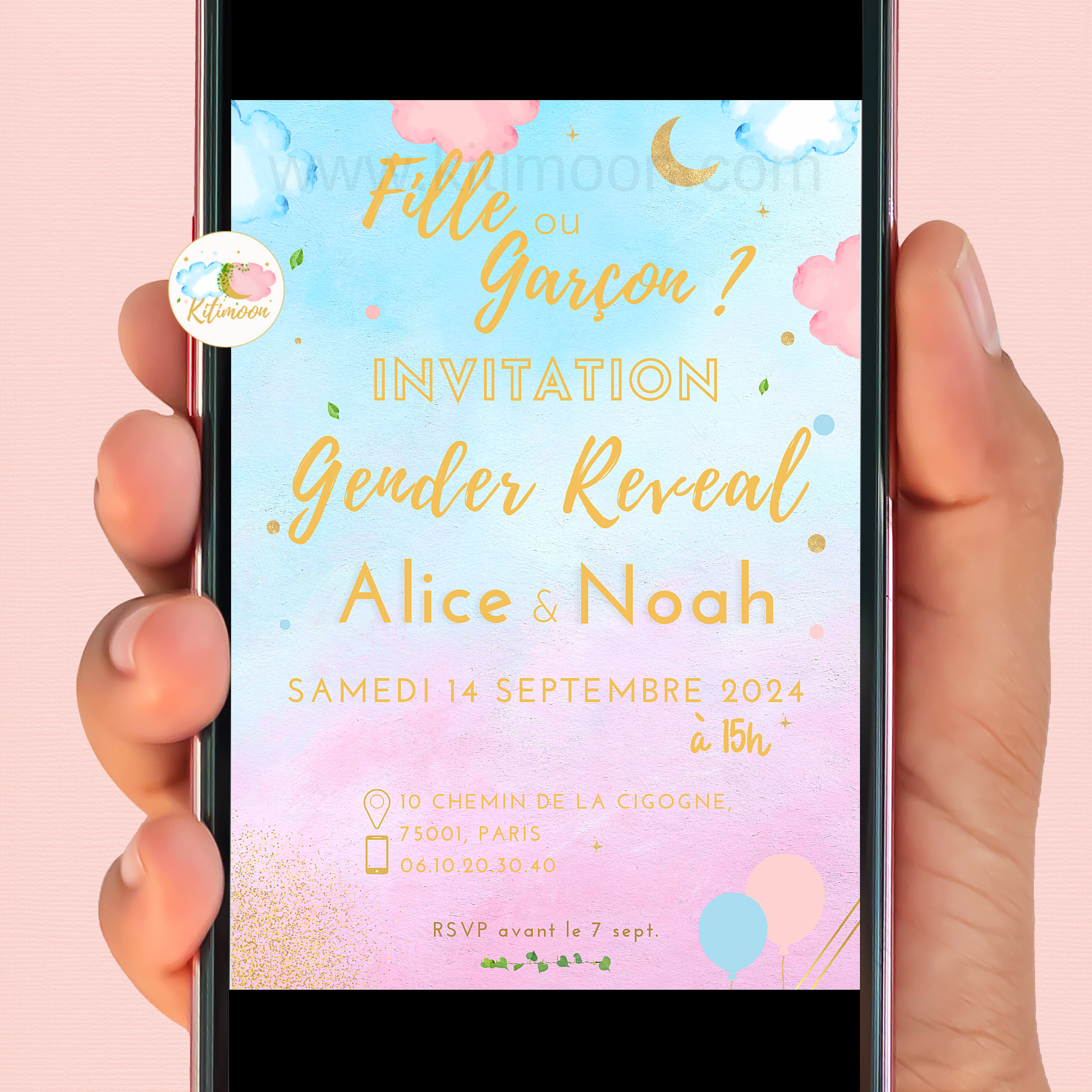 Invitation Numérique Gender Reveal en français Aquarelle