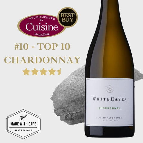 Chardonnay Bottle shot with Cuisine 'Recommended and Best Buy" medal sticker. Also included is the NZ Made With Care Logo