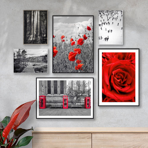 billedvæg og plakat væg billeder i sorte og røde farver