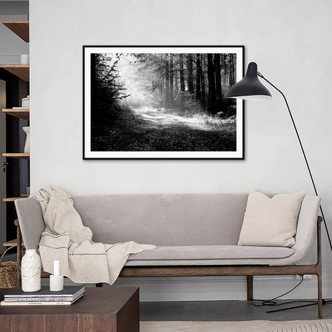  black and white photo art poster with a touch of sun in a forest hanging in a living room 