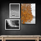 3 plakater med naturmotiver i sort-hvid og orange